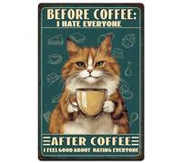 Hobbspring 1pc Vintage Metal Tin Sign 30x20cm Retro Iron Black Cat Sign Rusty Look Before Coffee I Hate Everyone Funny Poster for Cafe Bar Pub Home Office Kitchen Wall Decor