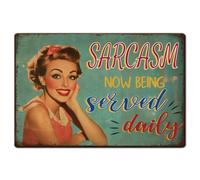 Hobbspring 1pc Vintage Metal Tin Sign 30x20cm Retro Iron Daily Sarcasm Sign Rusty Look Sarcasm Now Being Served Daily Humorous Poster for Home Office Kitchen Bar Cafe Garden Wall Decor