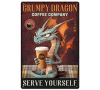 Hobbspring 1pc Vintage Metal Tin Sign 30x20cm Retro Iron Dragon Coffee Sign Rusty Look Grumpy Dragon Poster for Cafe Bathroom Kitchen Living Room Home Art Wall Decoration