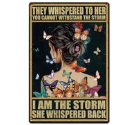Hobbspring 1pc Vintage Metal Tin Sign 30x20cm Retro Iron Woman Back Flower with Butterfly Sign Rusty Look I AM THE STORM Positive Encouragement Quote Poster for Home Office Bar Cafe Garden Wall Decor