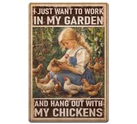 Hobbspring 1pc Vintage Metal Tin Signs 20x30cm Retro Girl Chicken Signs I Just Want To Work In My Garden And Hang Out With My Chickens Poster for Farm Plaque Yard Home Wall Decor