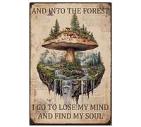 Hobbspring 1pc Vintage Metal Tin Signs 20x30cm Retro Mushroom Plants Landscape Signs And Into the Forest I Go to Lose My Mind and Find My Soul Poster for Living Room Coffee Office Home Wall Decor