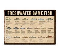 Hobbspring 1pc Vintage Metal Tin Signs 30x20cm Freshwater Game Fish Poster Fish Classification Metal Signs Fish Art Prints Wall Decor for Man Cave Boys Room Lake House Cabin Wall Decor