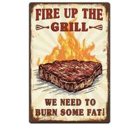 Hobbspring 1pc Vintage Metal Tin Signs 30x20cm Funny Barbecue Signs Fire Up the Grill We Need to Burn Some Fat Poster for Kitchen Diningroom Restaurant Bar Home Indoor Outdoor Wall Decor