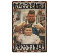 Hobbspring 1pc Vintage Metal Tin Signs 30x20cm Retro Barber Signs What Happens at the Barbershop Stays at the Barbershop Poster with 4 Pre-Drilled Holes for Kitchen Office Cafe Pub Home Wall Decor