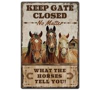 Hobbspring 1pc Vintage Metal Tin Signs 30x20cm Retro Horse Signs Keep Gate Closed No Matter What the Horses Tell You Poster Metal Ainmals Wall Decor for Home Living Room Shop Club Bar Decoration