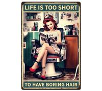 Hobbspring 1pc Vintage Metal Tin Signs 30x20cm Salon Hairstylist Signs Life is Too Short to Have Boring Hair Poster for Hair Stylist Barbershop Home Wall Decor Bar Pub Diner Cafe Wall Decor