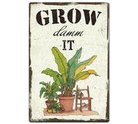 Hobbspring 1pc Vintage Tin Signs 30x20cm Potted Flower Metal Signs Grow Dammit Garden Signs Rustic Garden Decor with 4 Pre-Drilled Holes for Cafes Office Home Wall Outdoor Decor