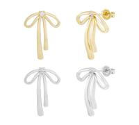 Hobbspring 2 Pairs Brass Bow Earrings 2 Colors Bowknot Earrings with Cubic Zirconia Studs Platinum & Golden Bowknot Stud Earrings Drops for Women Statement Jewelry Gifts