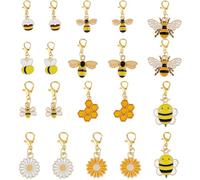 Hobbspring 20pcs Alloy Clip on Charms 10 Styles Bees Flower Honeycomb Enamel Dangle Charm Stitch Marker Charms with Golden Lobster Clasps for Knitting DIY Necklace Jewelry Crafts