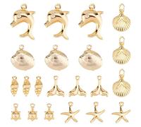 Hobbspring 21Pcs 18K Gold Plated Ocean Theme Charms 7 Styles Marine Organism Charms Fishtail Turtle Starfish Dolphin Shell Pendants for DIY Jewelry Making Craft Supplies