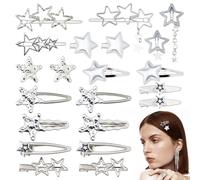 Hobbspring 21pcs Star Hair Clips 13 Styles Silver Pentagram Hair Snap Clips Alloy Stars Barrettes Set for Women Ladies Punk Kawaii Accessories Hair Decoration