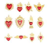 Hobbspring 24pcs Gothic Heart Charm 12 Styles Golden Sacred Heart Charms Enamel Alloy Red Wing Arrow Love Charm for Jewelry Necklace Bracelets Earrings Making DIY Crafts