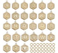 Hobbspring 26Pcs Hexagon A-Z Alphabet Letter Charms 18K Gold Plated Brass Letter Pendants Capital Charms with 50Pcs Brass Open Jump Rings for DIY Craft Jewelry Making