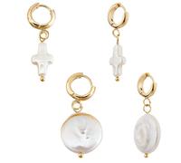 Hobbspring 2Pairs Baroque Flat Round Cross Pearl Earrings Gold Huggie Round Hoop Statement Earrings Natural Cultured Freshwater Pearl Dangling Dainty Jewelry Gifts for Women