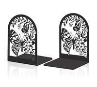 Hobbspring 2Pcs Black Bookend for Shelves Butterfly with Flower Metal Bookends Heavy Duty Book Shelf Holders Reading Decorative Book Ends for Desk Office Library Back to School Small Large Heavy Books