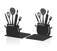 Hobbspring 2Pcs Black Kitchen Bookends 11x13.5x20cm Spoon Decorative Bookend with Non-Slip Mat Cookbook Storage Books Stoppers Metal Kitchen Cookbook Holder for Small Large Heavy Books
