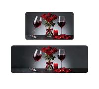 Hobbspring 2Pcs Kitchen Mat Set Wine Glass Rose Rubber Rugs for Bathroom Kitchen Runner Rug Non Slip for Indoor Entryway Hallway Floor Decoration 43 * 76-120cm/17 * 30-47in Red/Grey