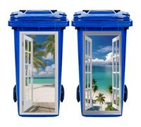 Hobbspring 2Pcs Trash Can Stickers 3D Beach Garbage Can Decals Wheelie Bin Sticker Open French Door Beach Scene Waterproof PVC Dustbin Decor Stickers for Outdoor Curbside Garbage Bins 82*38cm/32*15in