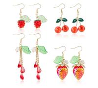 Hobbspring 3D Red Fruits Earring 4 Pairs Dangle Acrylic Strawberry Cherry Charm Fish Hook Earrings Grape Drop Pendant Hanging Jewelry Gift for Mother's Day Birthday Anniversary