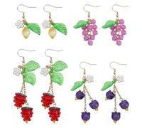 Hobbspring 4 Pairs Fruit Dangle Drop Earrings Cute Weird Earrings 304 Stainless Steel Handmade Lampwork Imitation Jade Glass Acrylic Mixed Color Dangle Earrings for Women