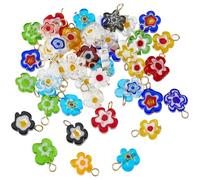 Hobbspring 48Pcs Flower Millefiori Glass Charms Assorted Lampwork Floral Charms Glass Beads with Real 18K Gold Plated Loop Bulk Bead Pendant for DIY Craft Necklace Earrings Jewelry Making