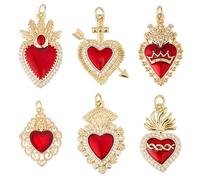 Hobbspring 6Pcs Red Gothic Heart Charm 6 Styles 18K Gold Plated Brass Cubic Zirconia Sacred Heart Charms Mexican Love Charm with Jump Ring for Jewelry Necklace Bracelets Earrings Making DIY Crafts