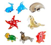 Hobbspring 8 Styles Hand Blown Glass Figurines Miniature Animal Glass Decor Includes Whale Walrus Dolphin Butterflyfish Turtle Starfish Sea Dog Animal Figurine for Collectible Home Decor Gifts