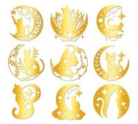 Hobbspring 9Pcs Golden Self Adhesive Stickers 4cmx4cm Stars and Moon Cat Metal Decal Moon Phase Cat Waterproof Decorate Sticker for Scrapbooks DIY Resin Crafts Phone Water Bottle Decoration