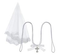Hobbspring Antique Silver Wedding Veil and Cord Set White Lace Wedding Veil Polyester and 1Pc Wedding Lasso Rope with Rhinestone Cross Hanging Ornaments for Bridal Gifts