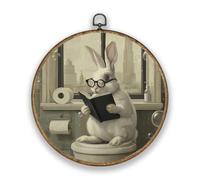 Hobbspring Bathroom Rabbit with Glasses Scripture Wood Textured Plastic Frame Round Wall Art Decor 10.2 * 10.2in Reading Polyester Wall Hanging Door Decor for Bathroom Garden Balcony Hotels