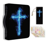 Hobbspring Bible Cover Case for Men Women Cross Book Cover with Bookmark Fluorescent Flame Special Carrying Bible Cases with Handle and Zipper PU Leather Storage Bags for Adults Students(Blue Black)
