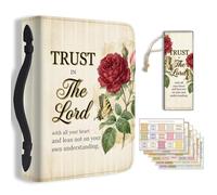 Hobbspring Bible Holder Case for School Office June Rose Bible Protective with Handle Bookmark Trust in The Lord Bibles Cover with Zipper and Label Stickers for Students Adults PU Leather Bag