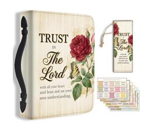 Hobbspring Bible Holder Case for School Office June Rose Bible Protective with Handle Bookmark Trust in The Lord Bibles Cover with Zipper and Label Stickers for Students Adults PU Leather Bag