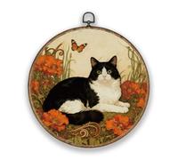 Hobbspring Black and White Cat Scripture Wood Textured Plastic Frame Round Wall Art Decor 10.2 * 10.2in Orange Flowers Plants Polyester Wall Hanging Door Decor for Garden Coffee Bars Balcony Office