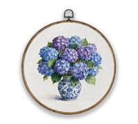 Hobbspring Blue Hydrangea Flowers Scripture Wood Textured Frame Round Wall Art Decor 10.2 * 10.2in Vintage Blue and White Porcelain Polyester Wall Hanging Door Decor for Bedroom Balcony Garden