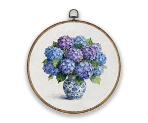 Hobbspring Blue Hydrangea Flowers Scripture Wood Textured Frame Round Wall Art Decor 10.2 * 10.2in Vintage Blue and White Porcelain Polyester Wall Hanging Door Decor for Bedroom Balcony Garden