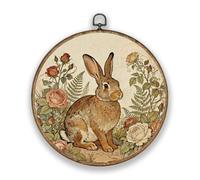 Hobbspring Botanical Bunny Floral Scripture Wood Textured Plastic Frame Round Wall Art Decor 10.2 * 10.2in Vintage Warm Colors Polyester Wall Hanging Door Decor for Garden Coffee Balcony Office