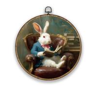Hobbspring Bunny Rabbit Reading Scripture Wood Textured Plastic Frame Round Wall Art Decor 10.2 * 10.2in Cozy Oil Painting Polyester Wall Hanging Door Decor for Garden Coffee Bars Office