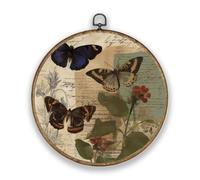 Hobbspring Butterfly Floral Scripture Wood Textured Plastic Frame Round Wall Art Decor 10.2 * 10.2in Vintage Color Polyester Wall Hanging Door Decor for Garden Coffee Bars Balcony Office