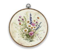 Hobbspring Daisy Floral Scripture Wood Textured Plastic Frame Round Wall Art Decor 10.2 * 10.2in Bright Colorful Polyester Wall Hanging Door Decor for Garden Coffee Balcony Office