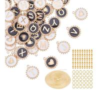 Hobbspring Enamel Letter Charms Sets Flat Round with Letter A-Z Charm Black and White Alphabet Charms with Ball Chains Connectors and Open Jump Rings for Jewelry Making DIY Crafts