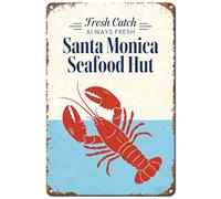 Hobbspring Funny Metal Tin Sign for Home Lobster Iron Door Signs for Kitchen Markets Seafood Scenery Wall Hanging Poster Santa Monica Seafood Hut Beach Restaurants Cafes Decor 20 * 30cm/8 * 12in
