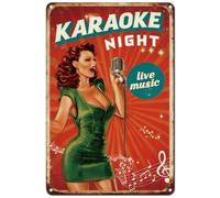 Hobbspring Metal Signs Singing Lady Vintage Green Dress Vertical Microphone Wall Hanging Plaque for Bars KTV Record Stores Pub KARAOKE NIGHT Door Sign Music Theme 1pc 20x30cm