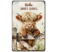 Hobbspring Metal Tin Signs Highland Cow Downy Wall Art Decorations Vivid Cattle Dandelion Hello Sweet Cheeks Door Tin Sign for Farmhouse Parks Club Garden Balcony 12 * 8inches 1pc