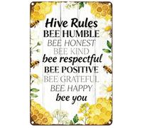 Hobbspring Metal Tin Signs Honey Yellow Flowers Wall Art Decorations Bright Color Bees Copywriting Hive Rules Door Tin Sign for Garden Farmhouse Park Coffee Club 12 * 8inches 1pc