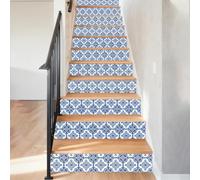 Hobbspring Morocco Staircase Stickers 15Pcs Blue-and-White Porcelain Floral Patterns Smooth Stair Riser Decals 39.37x7.09In Water Proof PVC Plastic Staircase Decor for Steps Wall Home Decor