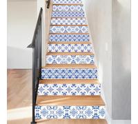 Hobbspring Morocco Theme Staircase Stickers 15Pcs Mediterranean Blue Smooth Stair Riser Decals 39.37x7.09In Water Proof PVC Plastic Staircase Decor for Steps Swimming Pool Living Room Bedroom Decor