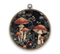 Hobbspring Mushroom Botanical Red Round Wall Art Decor Vintage Wooden Framed Canvas Prints Wall Artwork for Garden Balcony Mystical Plants Wall Art Prints Artwork Diameter 10.2in