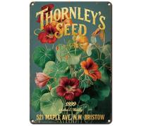 Hobbspring Nasturtium Metal Signs Plant-Themed Bright Colors Tin Sign Decor Gold Words "THORNLEY' S SEED" 1Pc 20x30cm Rectangle Hanging Wall Art Decorations for Valentine's Day Great Gift
